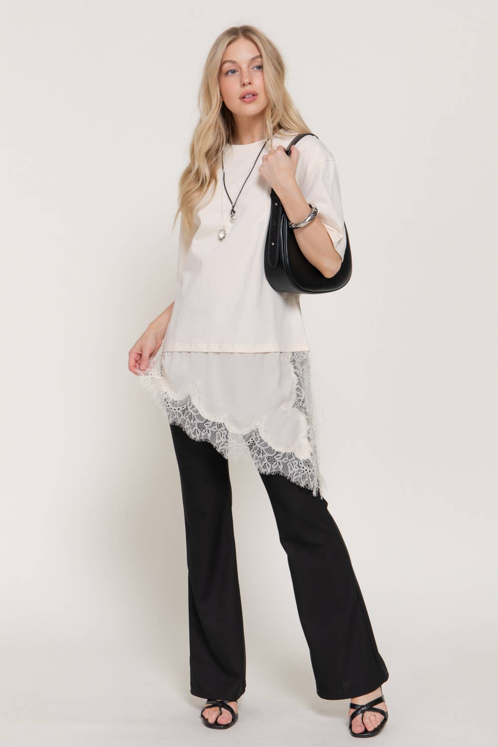 Short Sleeve Asymmetrical Hem with Tonal Lace Knit Top