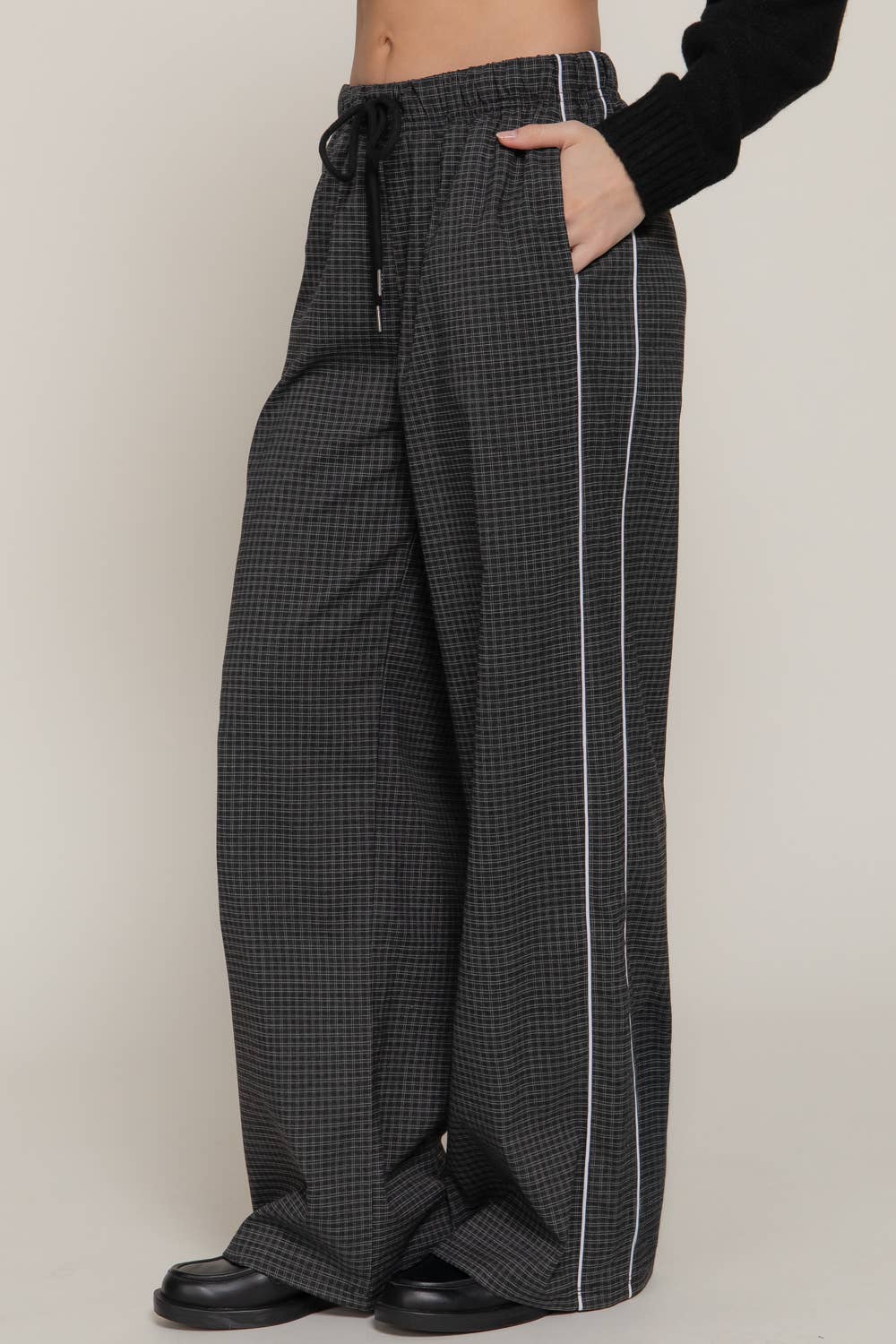 Waist Band with String Check Woven Long Pants