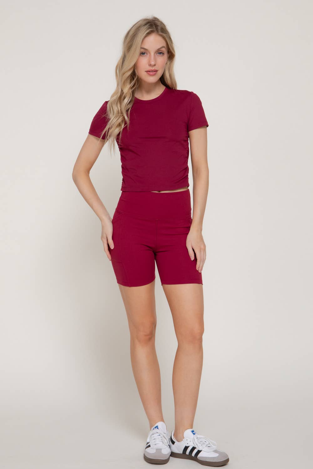 Short Sleeve Crew Neck Side Ruched Activewear Top